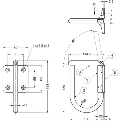 Stor drejekrog med sikkerhedsklap fremstillet af SUS304 rustfrit stål, 164 mm (6,5"), JN-T100. Rebkrog med sikkerhedslås lavet af V2A til skibsbygning, udendørs brug, fugtigt miljø og meget mere, af Sugatsune / LAMP® (Japan) - Billede 2