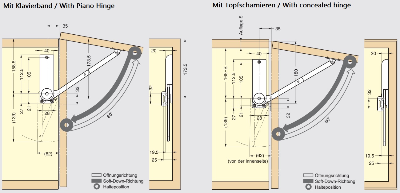 Højkvalitets klappeholder, overflade: hvid, version: højre, HDS-30KR-WT. Robust klappestøtte til folde-ups, køkkenmøbler og meget mere, af Sugatsune / LAMP® (Japan) - Billede 2