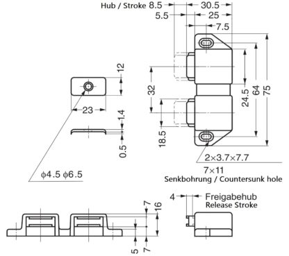 Kompakt magnetisk snaplås, inkl. bordplade, overflade: hvid, 25 mm (63/64"), udførelse: med 2 stempler, ML-30WW. Pladsbesparende dobbeltdøråbner til møbeldøre, skabslåger og meget mere, af Sugatsune / LAMP® (Japan) - Billede 2