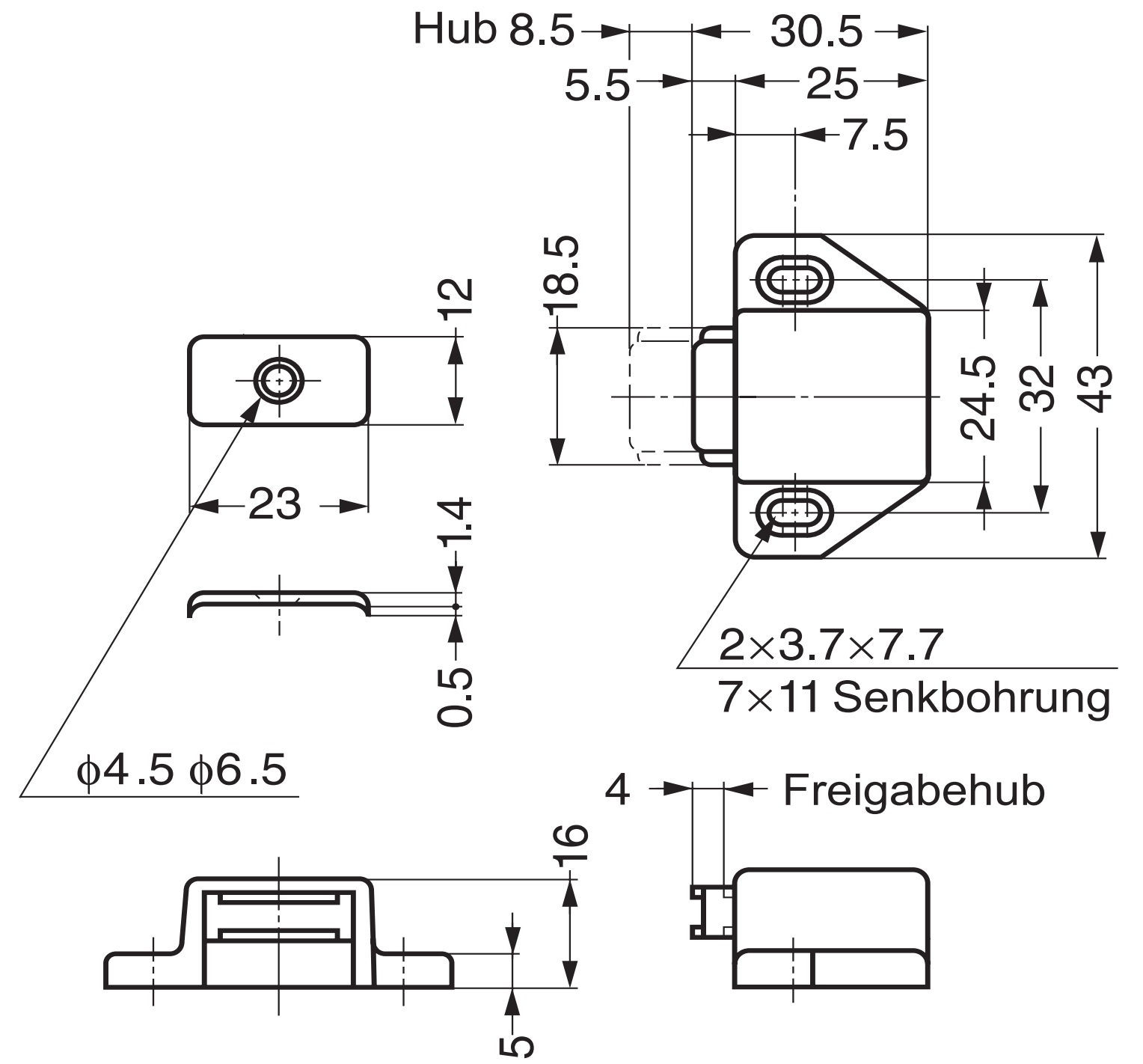 2 stk. kompakte magnetiske snaplåse, inkl. bordplade, overflade: hvid, 25 mm (63/64"), ML-30SW. Pladsbesparende push-to-open døråbner til møbeldøre, skabslåger og meget mere, af Sugatsune / LAMP® (Japan) - Billede 2