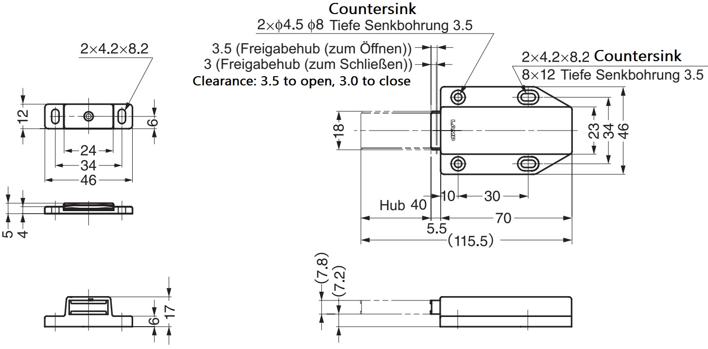 2 stk. magnetiske snaplåse, inkl. bordplade, overflade: brun, 38 mm (1-1/2"), udførelse: med langt stempel, ML-120BR. Push-to-open døråbner til møbellåger, skabslåger og meget mere, af Sugatsune / LAMP® (Japan) - Billede 2