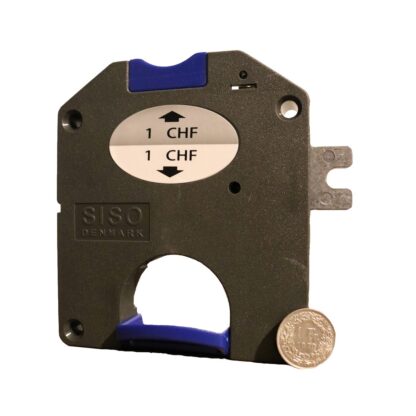 Møntaflejringslås med CHF 1.- slot, inkl. 2 taster, 110 mm, af SISO, mørkegrå, version: venstrehåndslukning. Produkt foto