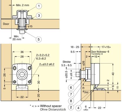 Trykknaplukning til tykke møbeldøre fra 22 til 25 mm, overflade: brun, SL-B251-BR. Push-Latch til RV-konvertering, Yachtinteriør, Caravan Møbler og meget mere, af Sugatsune / LAMP® (Japan) - Billede 2