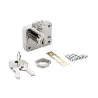 Skabslås til 16 mm forside-tykkelse, med forskellig nøgle 2650-16-DN-B. Lås til skabsdøre og skuffer, af Sugatsune / LAMP (Japan)